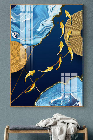 蓝色轻奢海报模板_轻奢北欧羽毛鱼群几何艺术创意蓝色装饰画