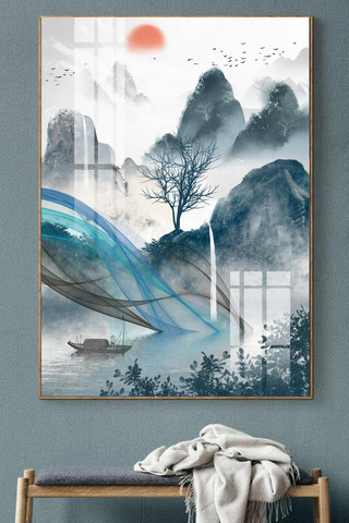 创意极简线条海报模板_新中式中国风水墨风创意抽象山水风景装饰画