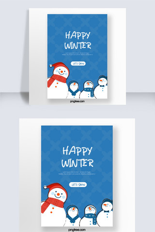 蓝色冬季简约手绘快乐的雪人雪景海报