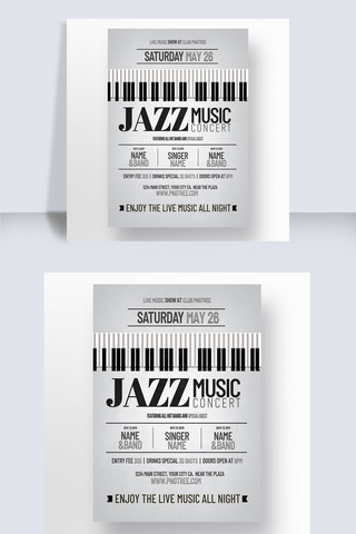 黑色磨砂质感海报模板_黑白立体磨砂质感钢琴琴键爵士音乐会海报