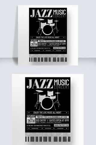 纹理质感海报模板_时尚黑白复古纹理质感线框架子鼓爵士音乐会海报