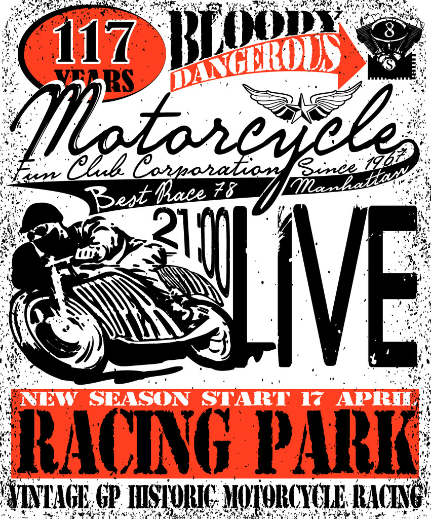 摩托车赛车排版图形和海报。头骨和老 图片