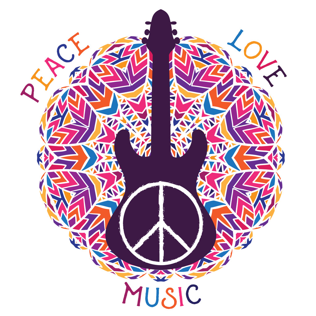 嬉皮和平的象征。和平，爱，音乐标志和吉他上华丽的五颜六色的曼陀罗背景。设计理念为横幅，卡片，废品预订，T恤，包，打印，海报。矢量插图图片