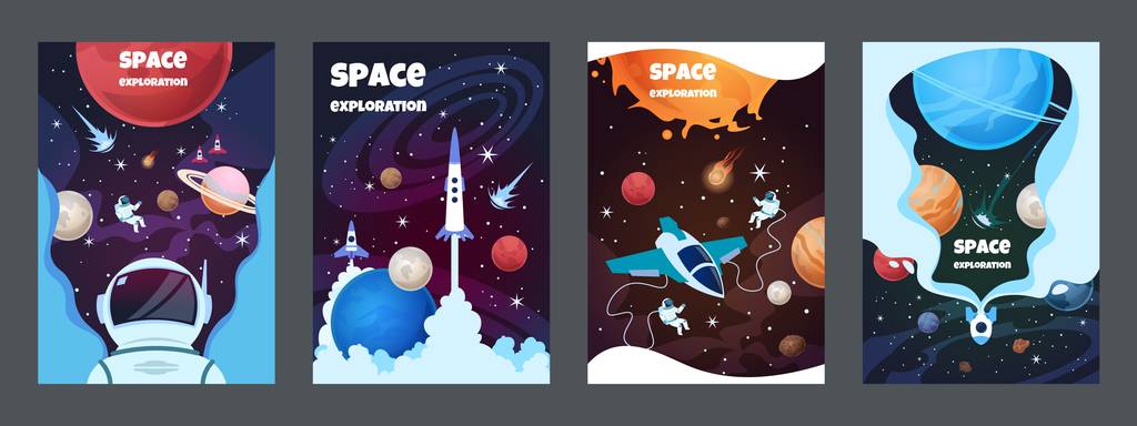 卡通空间横幅。银河宇宙科学儿童航天员现代行星海报研究横幅。矢量小册子空间图片