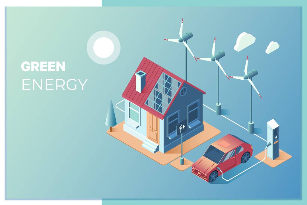传输太阳能和风能供家庭使用。太阳能电池板和风力涡轮机为智能家居和电动汽车提供电力.图片