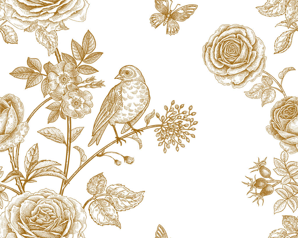 花园花玫瑰, 牡丹和狗玫瑰, 鸟和蝴蝶。花卉复古无缝图案。金色和白色。维多利亚风格。矢量插图。豪华纺织品模板, 纸, 墙纸.图片