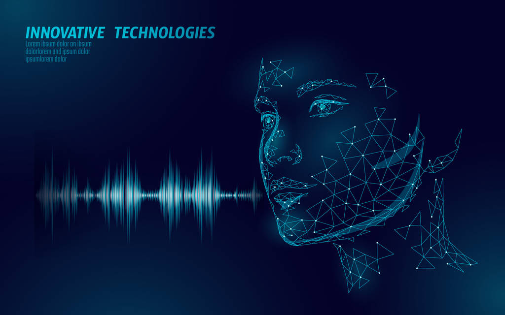 虚拟助理语音识别服务技术的经营理念。ai 人工智能机器人帮助工作支持。聊天机器人美丽的女性脸低聚程序向量例证图片
