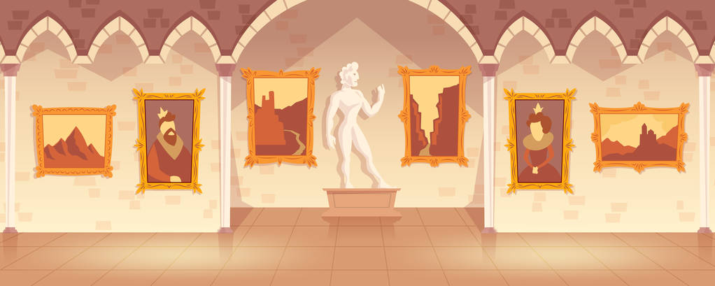 在中世纪宫殿的艺术画廊的墙壁和古董雕像的绘画的矢量博物馆展览。空城堡大厅或舞厅与集合的图片, 内部内。动画片游戏背景图片
