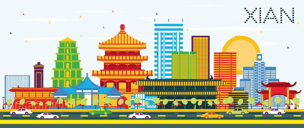 西安中国天际线, 色彩建筑和蓝天。矢量插图。商务旅游和旅游概念与历史建筑。西安城市景观与地标.图片