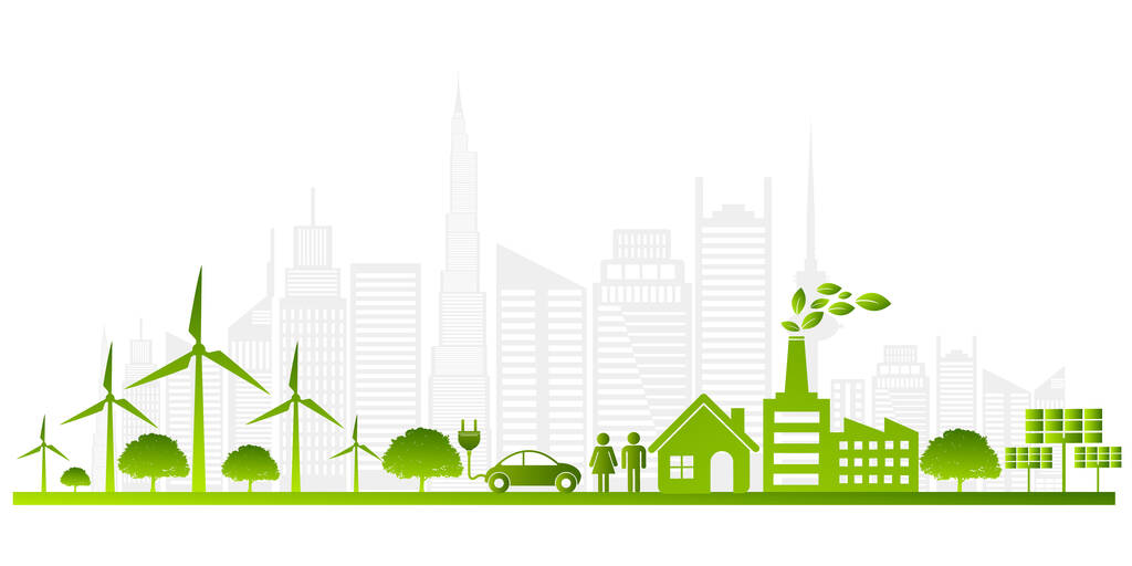 生态概念与地球上的绿色城市.可持续发展世界环境概念，病媒说明图片