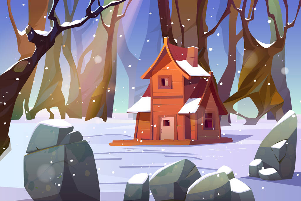 冬季森林里的木制房屋。古老的雪扫过的棚屋矗立在茂密的树林里，周围长满了树木和岩石，雪花飘落。无人居住的林家小屋，pc游戏背景，卡通矢量图解图片