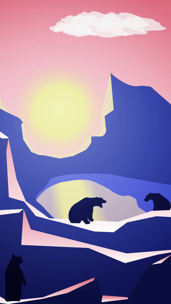 日落时湖面上有熊的多边形山景.熊坐着,一只站在它们的后腿上.用黄色的太阳染红天空.矢量垂直插图.图片