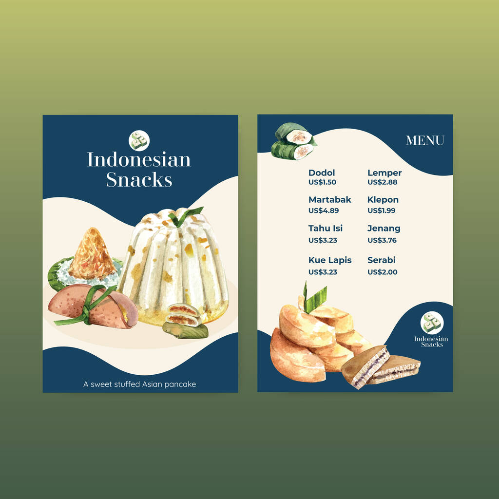 带有印度尼西亚小吃概念水彩画的菜单模板图片