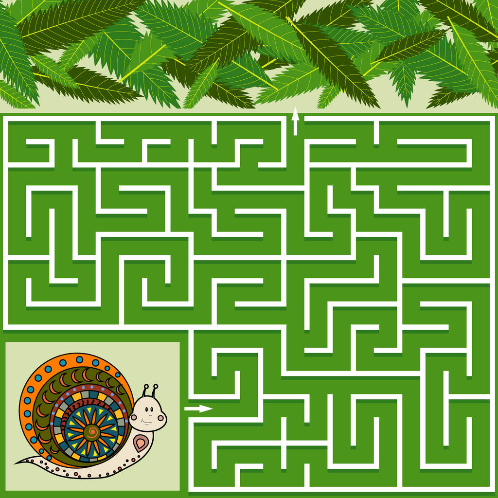 色彩斑斓的迷宫游戏给孩子们带来了大自然的主题，帮助蜗牛找到了通向树叶的路，绿色的背景，矢量图解图片