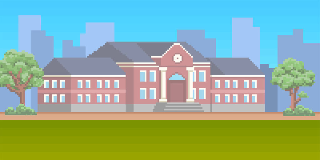 8bit像素的艺术学校大楼，前面是绿色草坪。电子游戏设置的校园背景图片