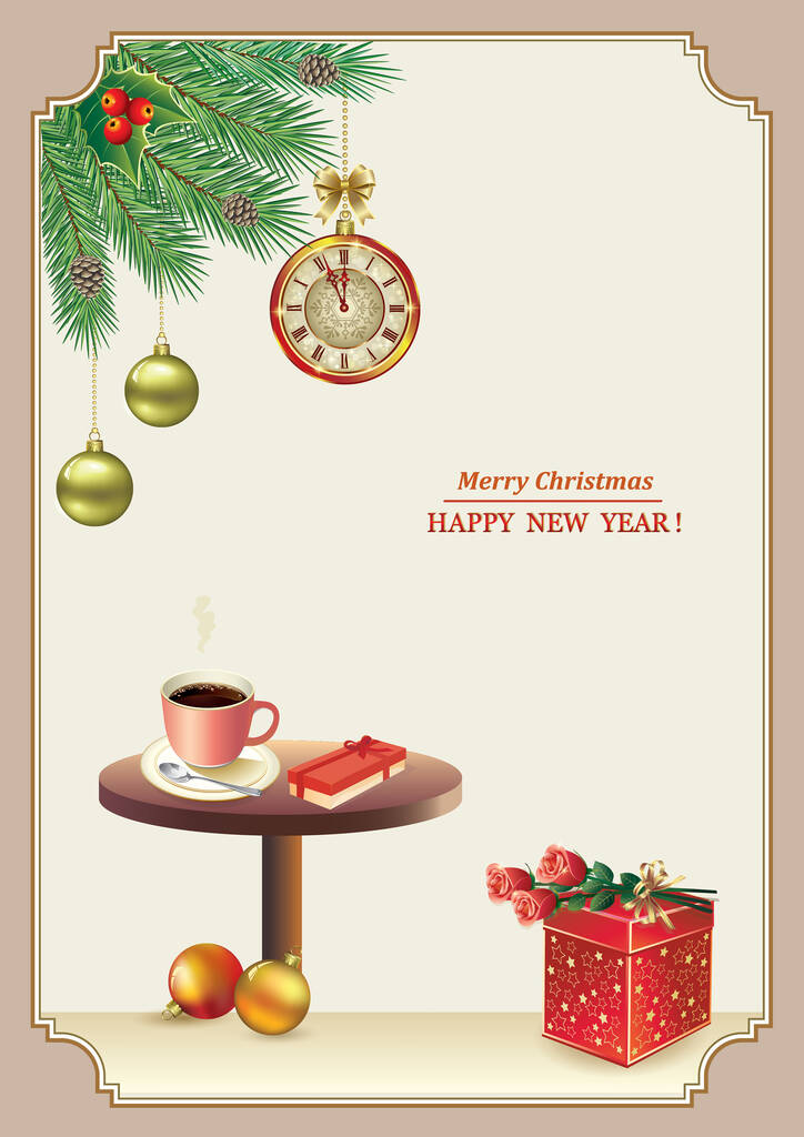 圣诞快乐，2022年新年快乐明信片，桌上摆放着球状和钟表、礼品盒、玫瑰花束和咖啡。节日快乐。垂直海报，贺卡。矢量说明图片