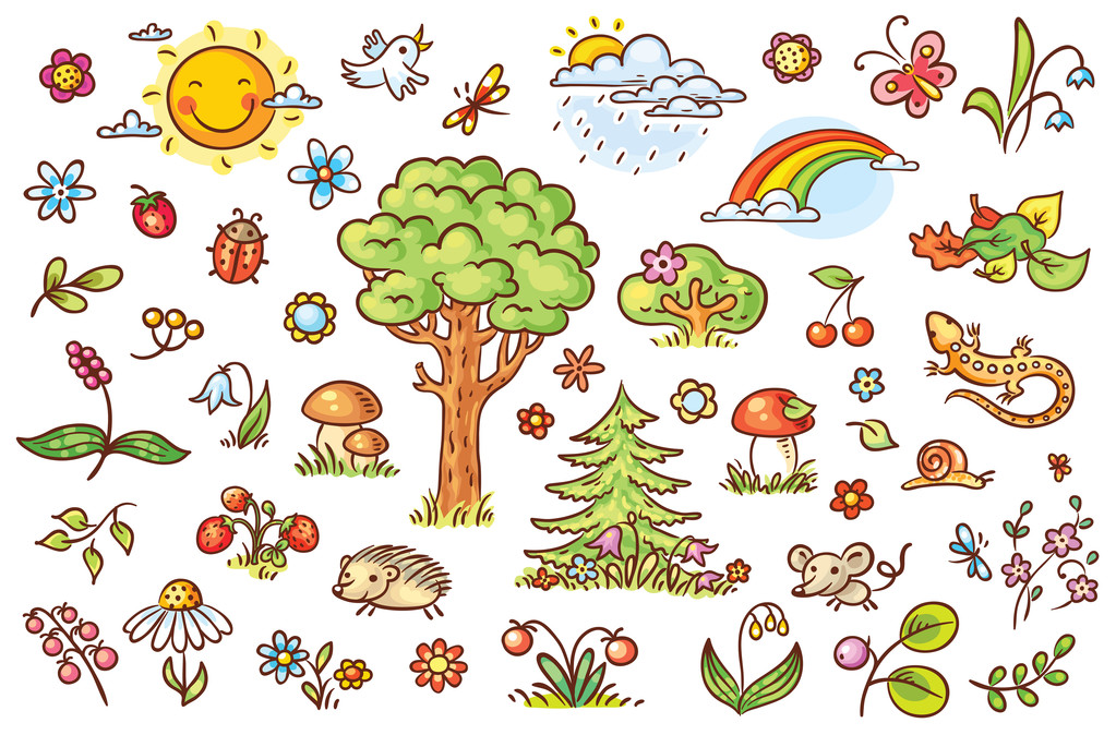 卡通自然与树木、 花朵、 浆果和小森林动物，没有渐变设置图片