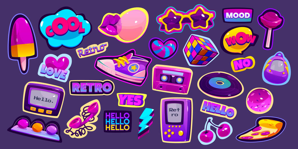 Retro stickers in 90s style. Comic badges with lips with bubble gum, pizza and gameboy. Vector cartoon set of cute icons of cassette, vinyl record, rubiks cube, candies, sunglasses and sneakers图片