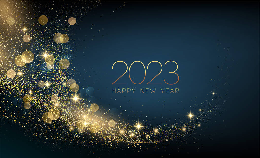 2023新年快乐，带着抽象闪亮的金色涡旋设计元素和深色背景下的闪光效果。圆框日历，招贴画设计图片
