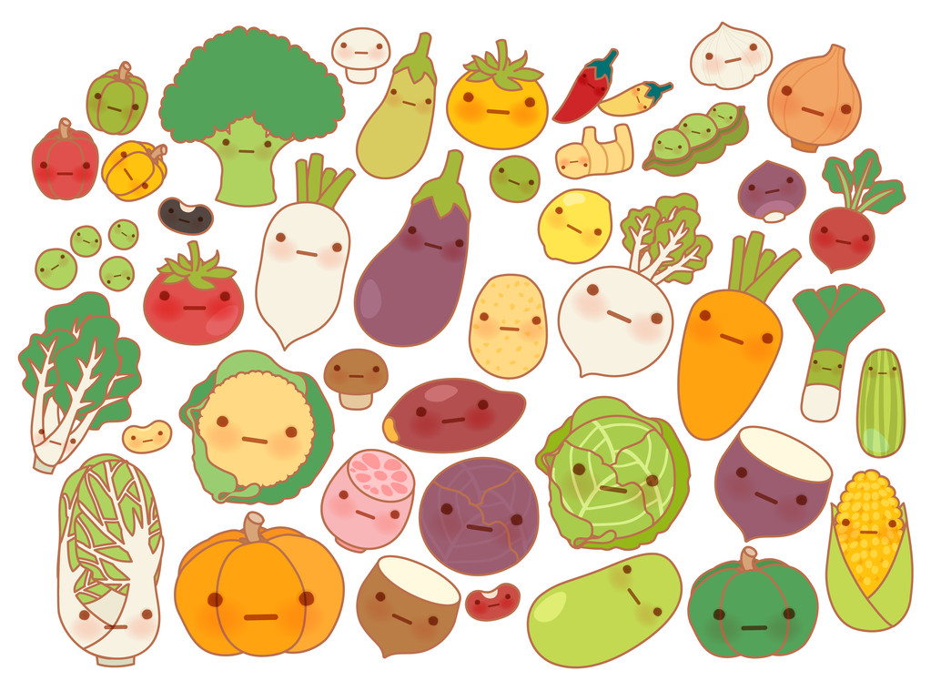 可爱的水果和蔬菜的图标，可爱的胡萝卜，可爱萝卜、 甜甜的番茄，卡哇伊马铃薯，娘娘腔的集合玉米分离纯稚的漫画卡通风格的白色图片