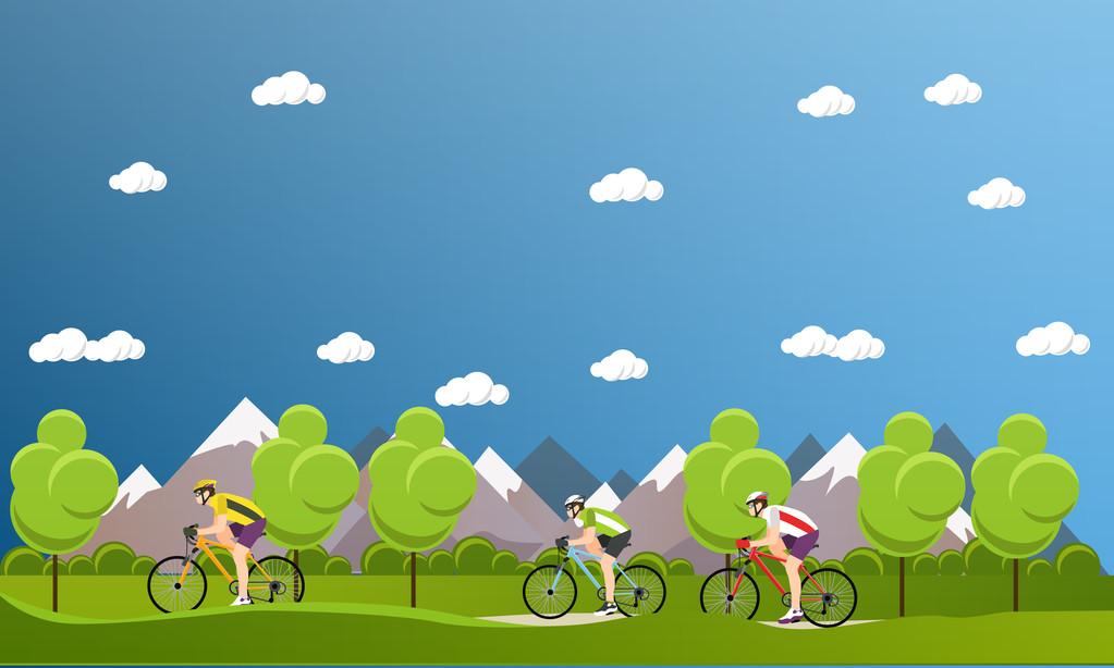 Group of bicycle riders on bikes in mountains and park. Biking sport concept cartoon banners. Vector illustration flat style design图片
