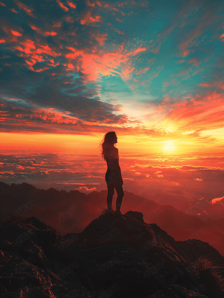 日落时分站在山顶眺望远方的妇女