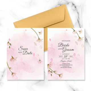 抽象水彩粉色樱花元素婚礼双面邀请函