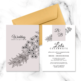 黑白花朵海报模板_优雅紫色黑白花朵婚礼邀请函