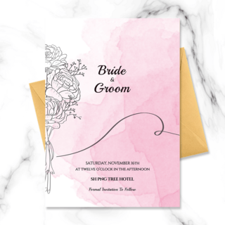 粉色创意手绘花卉水彩晕染婚礼邀请函
