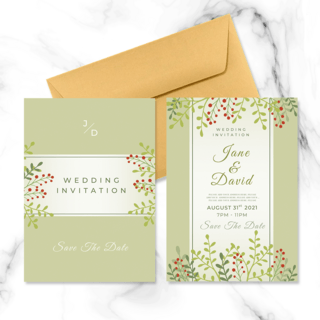 浅绿色自然植物元素婚礼邀请函