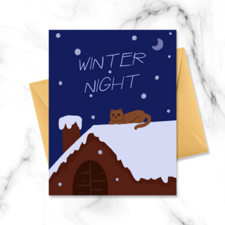 屋顶海报模板_下雪的冬夜屋顶小猫咪
