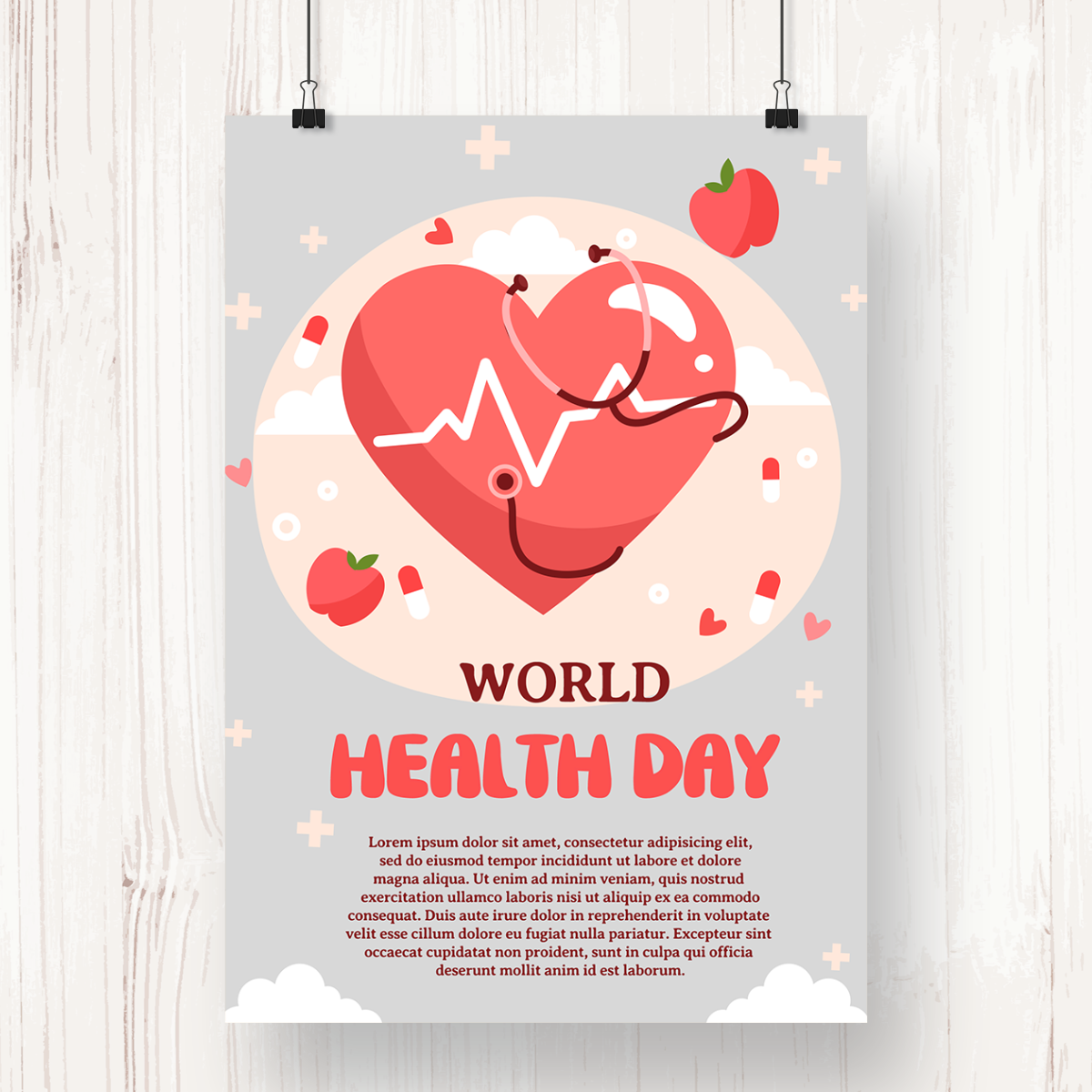世界卫生日爱心苹果灰底宣传海报图片