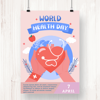 4月7日世界卫生日双手爱心粉色底宣传海报
