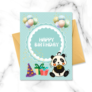 可爱边框蓝色海报模板_卡通可爱熊猫生日气球礼盒蓝色底卡片