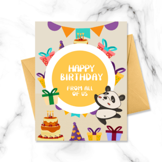 可爱卡通熊猫生日蛋糕黄色底贺卡