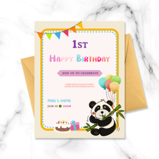 竹子海报模板_可爱卡通熊猫竹子蛋糕礼盒边框生日贺卡