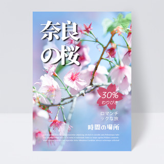 樱花樱花树枝海报模板_蓝色质感日本春天郊游赏樱花传单模板