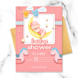 洗澡卡通海报模板_粉色可爱趣味卡通婴儿洗礼邀请函