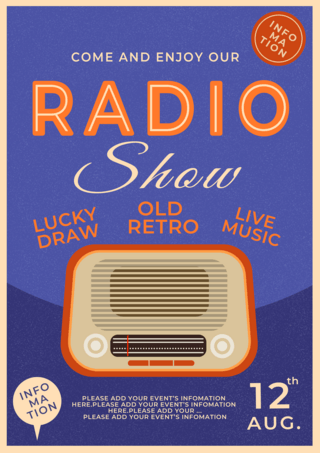 蓝色橘色收音机复古风格广播节目海报