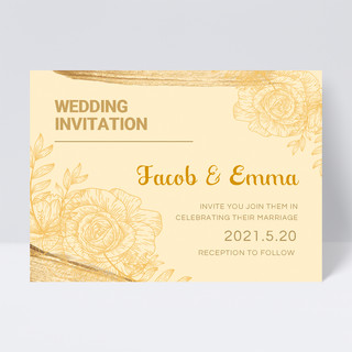 金色植物线稿笔刷婚礼邀请函