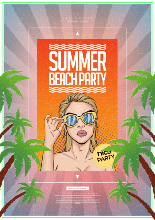 夏日沙滩派对海报模板_波普色彩复古夏日派对海报