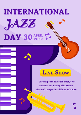 萨克斯钢琴音符紫色卡通国际爵士乐日表演海报