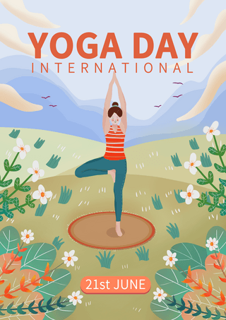 手绘运动瑜伽海报模板_女性练瑜伽运动国际瑜伽日运动插画