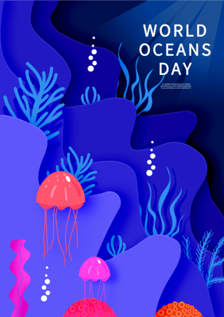 珊瑚世界海报模板_蓝色剪纸风格世界海洋日海报
