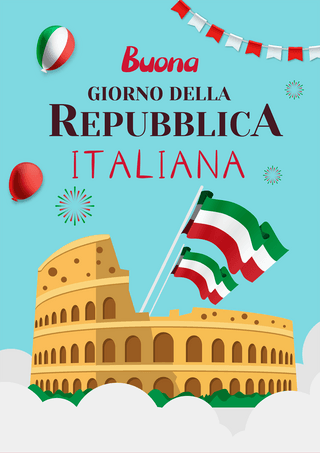 意大利共和国日卡通罗马斗兽场气球宣传海报