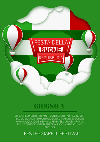 庆祝热气球海报模板_意大利共和国日卡通创意剪纸热气球绿色底宣传海报