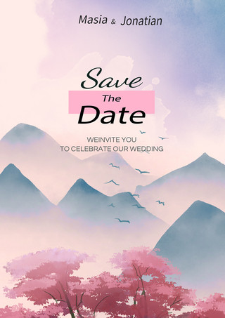 水彩风景海报模板_粉色水彩风景婚礼邀请函