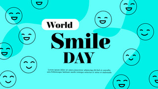 开心微笑海报模板_蓝色简约笑脸形状拼接世界微笑日