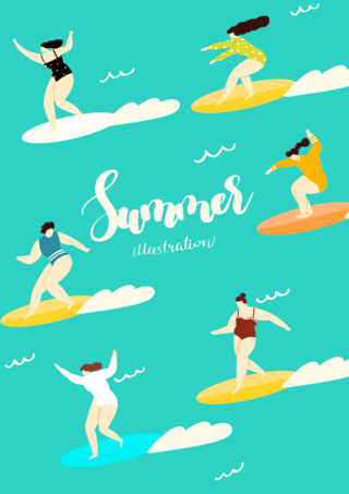海滩冲浪板海报模板_绿色卡通夏季冲浪海报