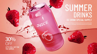 粉色草莓夏季新鲜水果灌装饮料网页